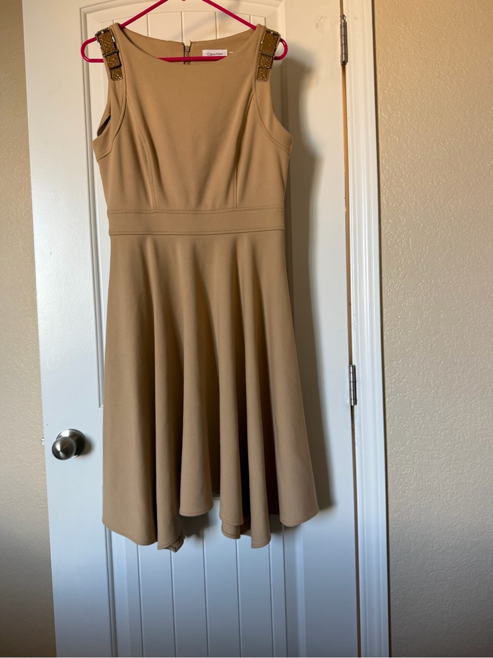Calvin Klein Beige A-Line Dress with Embellished Shoulder Straps